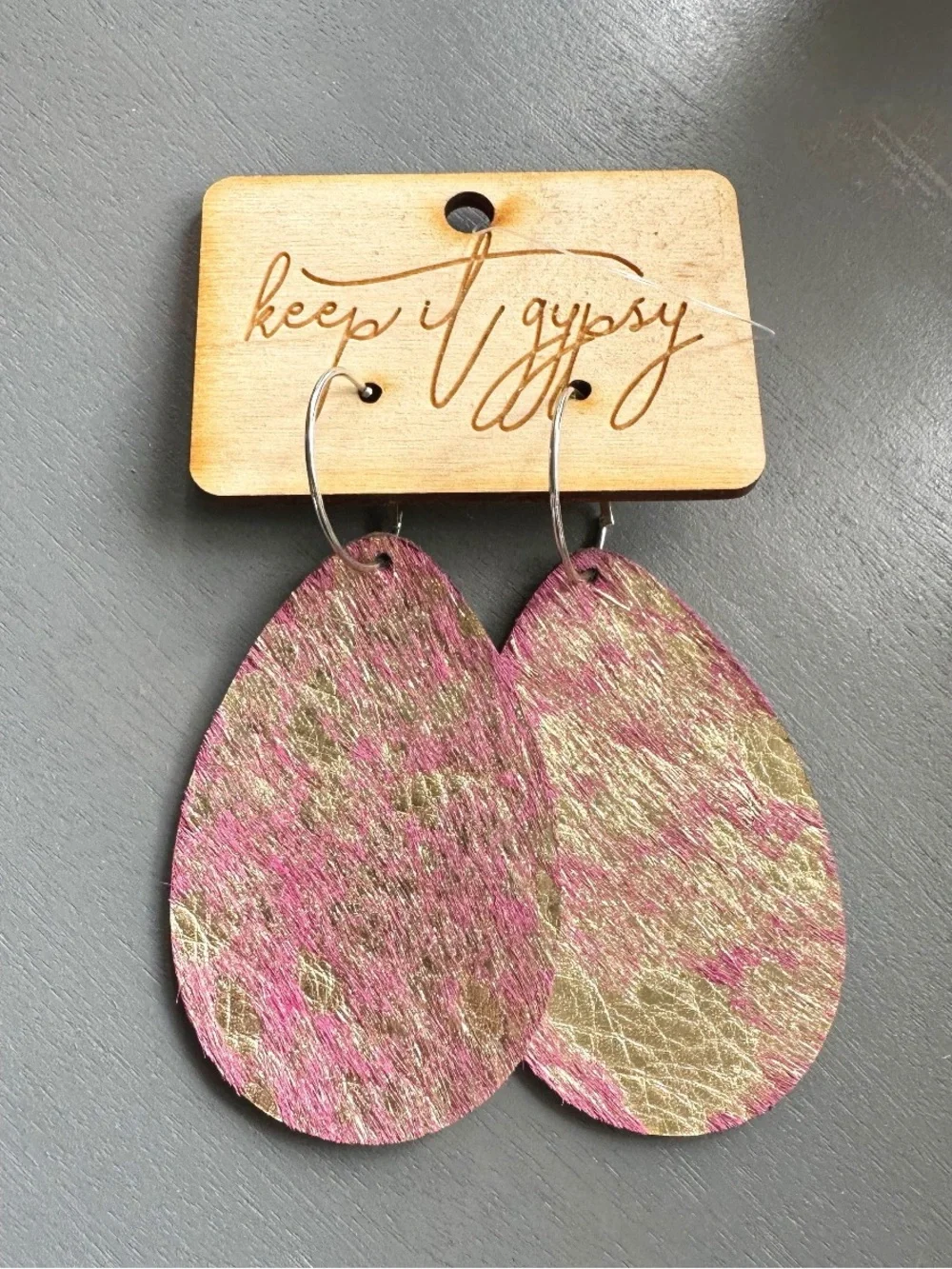 Keep it Gypsy Metallic Gold & Pink Cowhide Hair on Hide Leather Teardrop earring